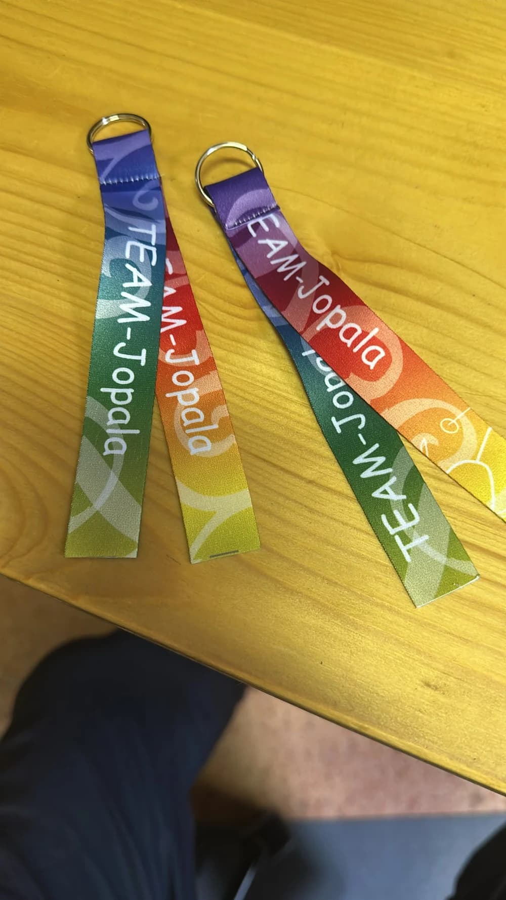 Zwei regenbogenfarbene Stoffbändchen mit Metallringen und dem Schriftzug TEAM-Jopala auf einer Holzfläche